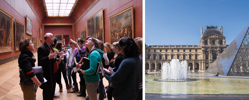 A picture of a tour being held at the Louvre in Paris, with people starting at large paintings on the wall